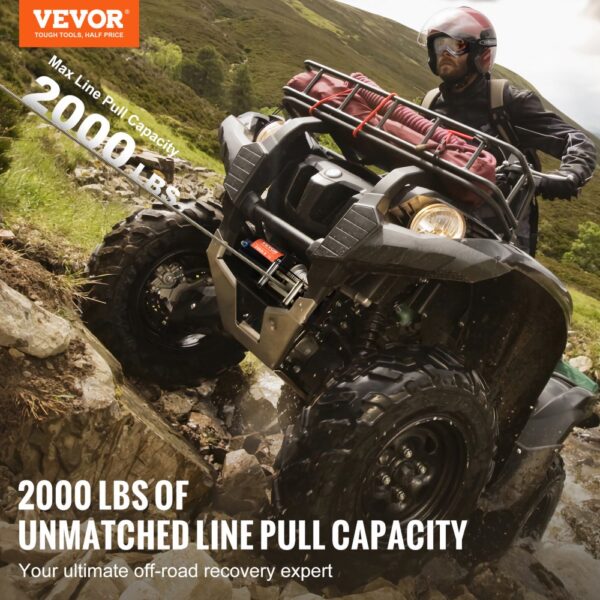 VEVOR Elektrische Seilwinde, 2000 lb Seilzugkapazität, 12 V DC ATV/UTV-Winde mit Φ5/32 in x 39 ft 7-Strang-Stahlkabelrolle, Kabelfernbedienung, IP55 wasserdicht zum Abschleppen von UTV ATV im Gelände – Bild 2