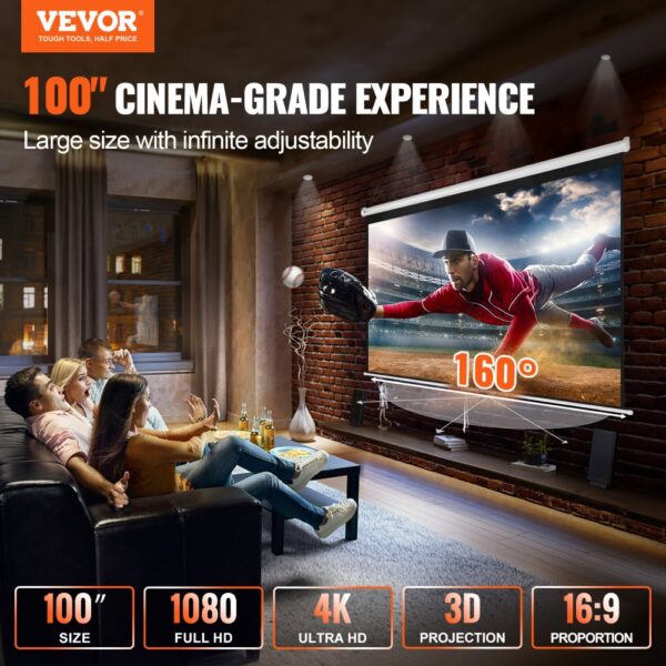 VEVOR Projektion Beamer Leinwand 254 cm HD 4K Outdoor Indoor Manuelle Projektor Screen Schnelles Klappbare Tragbare Filmleinwand 16: 9 für Heimkino, Camping und Freizeitveranstaltungen Schwarz – Bild 2