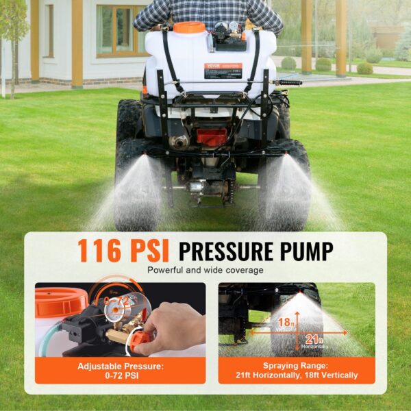 VEVOR ATV Sprüher 7 L/min Drucksprühgerät 12-V-Pumpe 0,1–0,5 MPa Pumpe-Betriebsdruck Sprühgerät 0–72 PSI Drucksprüher Inkl. 6,1 m Schlauch 2,5 m Schnellkupplungsleine Ideal für ATVs UTVs Traktoren – Bild 3
