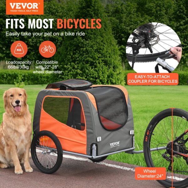 VEVOR Hundeanhänger 30 kg Fahrradanhänger Kohlenstoffstahl + 600D Oxford-Gewebe + PP faltbar 1440 x 720 x 779 mm als Anhänger Gefaltete Größe 760 x 560 x 195 mm Orange&Grau – Bild 2