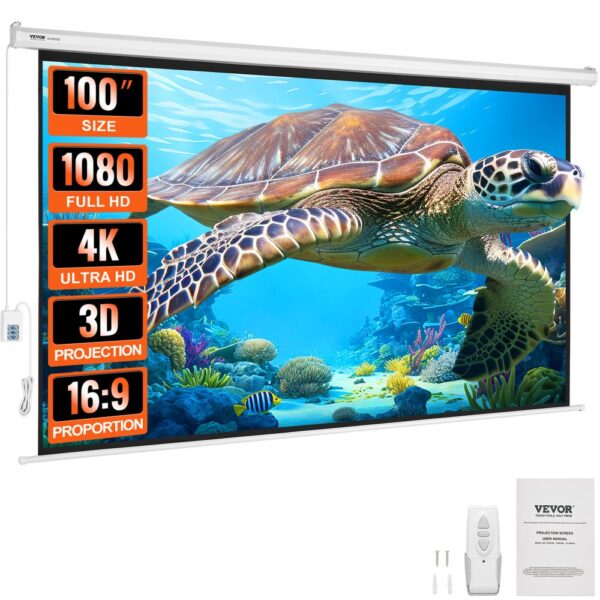 VEVOR motorisierte Projektor-Leinwand, 100 Zoll 16:9 4K 1080 HD elektrische Projektor-Leinwand, automatische Projektionswand mit Fernbedienung, Wandmontage-Filmleinwand für Familien-Heimbüro-Theater