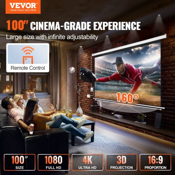 VEVOR motorisierte Projektor-Leinwand, 100 Zoll 16:9 4K 1080 HD elektrische Projektor-Leinwand, automatische Projektionswand mit Fernbedienung, Wandmontage-Filmleinwand für Familien-Heimbüro-Theater – Bild 2