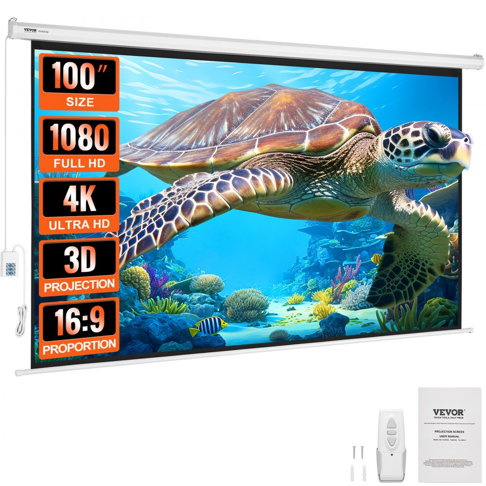 VEVOR motorisierte Projektor-Leinwand, 100 Zoll 16:9 4K 1080 HD elektrische Projektor-Leinwand, automatische Projektionswand mit Fernbedienung, Wandmontage-Filmleinwand für Familien-Heimbüro-Theater