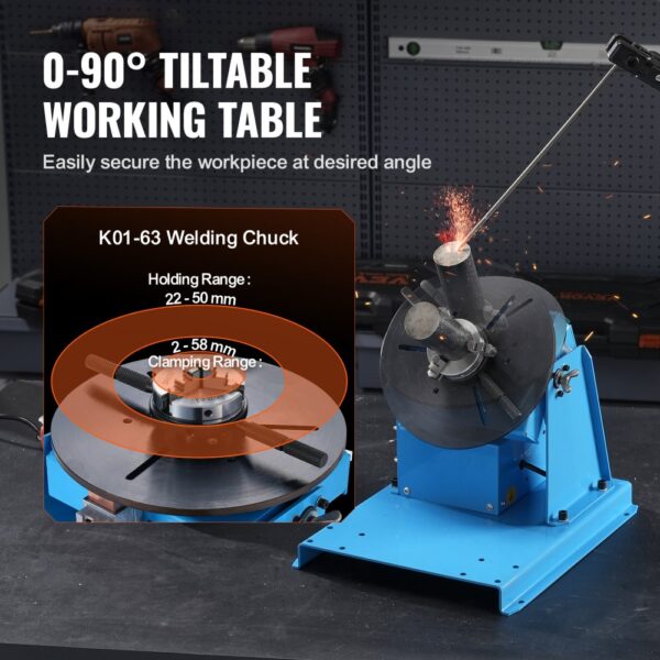 VEVOR Schweißdrehtisch 20 W Schweißpositionierer 1-12 U/min Manipulator 10 kg(Horizontal)/5 kg(vertikal) Drehtisch 0–90° Neigungswinkel K01-63 Dreibackenfutter zum Schneiden, Schleifen, Montieren – Bild 3 VEVOR Schweißdrehtisch 20 W Schweißpositionierer 1-12 U/min Manipulator 10 kg(Horizontal)/5 kg(vertikal) Drehtisch 0–90° Neigungswinkel K01-63 Dreibackenfutter zum Schneiden, Schleifen, Montieren – Bild 3