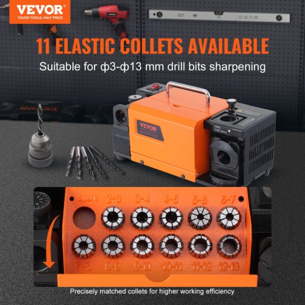 VEVOR Bohrerschleifgerät 120 W Bohrerschleifmaschine 4500 U/min Schärfstation 45# Stahl Bohrerschärfgerät 95-135° Einstellbarer Spitzenwinkel 11 Spannzangen Geeignet für Bohrerdurchmesser φ3–13 mm – Bild 2