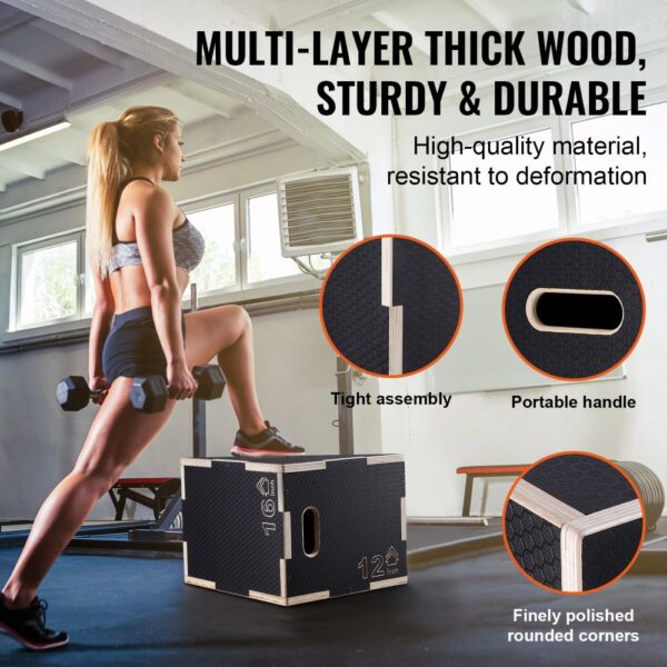 VEVOR 3-in-1-Plyometrische Sprungbox 16/14/12-Zoll-Plyobox, Sprungkasten Sprungkiste 204 kg Tragfähigkeit, Fitnessübungs-Step-Up-Box für Heimtraining, Sprungkrafttraining Schwarz Einstellbare Höhe – Bild 4