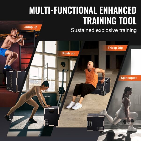 VEVOR 3-in-1-Plyometrische Sprungbox 16/14/12-Zoll-Plyobox, Sprungkasten Sprungkiste 204 kg Tragfähigkeit, Fitnessübungs-Step-Up-Box für Heimtraining, Sprungkrafttraining Schwarz Einstellbare Höhe – Bild 5
