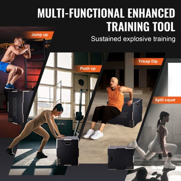 VEVOR 3-in-1-Plyometrische Sprungbox 30/24/20-Zoll-Plyobox, Sprungkasten Sprungkiste 204 kg Tragfähigkeit, Fitnessübungs-Step-Up-Box für Heimtraining, Sprungkrafttraining Schwarz Einstellbare Höhe – Bild 5