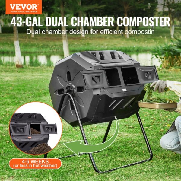 VEVOR Tumbling-Komposterbin Komposter Tumbler 162,7 L, Trommelkomposter Drehbar Doppelraum Tumbling Komposter 735 x 625 x 955 mm, 50 kg Belastbarer Garten Kompostbehälter inkl. Handschuhe – Bild 2 VEVOR Tumbling-Komposterbin Komposter Tumbler 162,7 L, Trommelkomposter Drehbar Doppelraum Tumbling Komposter 735 x 625 x 955 mm, 50 kg Belastbarer Garten Kompostbehälter inkl. Handschuhe – Bild 2