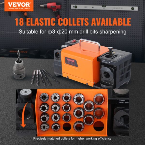 VEVOR Bohrerschleifgerät 120 W Bohrerschleifmaschine 4500 U/min Schärfstation 45# Stahl Bohrerschärfgerät 95-135° Einstellbarer Spitzenwinkel 18 Spannzangen Geeignet für Bohrerdurchmesser φ3–20 mm – Bild 2