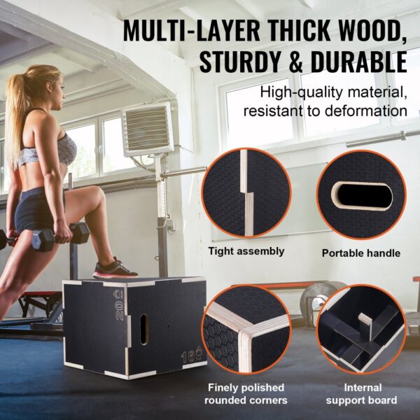 VEVOR 3-in-1-Plyometrische Sprungbox 20/18/16-Zoll-Plyobox, Sprungkasten Sprungkiste 204 kg Tragfähigkeit, Fitnessübungs-Step-Up-Box für Heimtraining, Sprungkrafttraining Schwarz Einstellbare Höhe – Bild 4