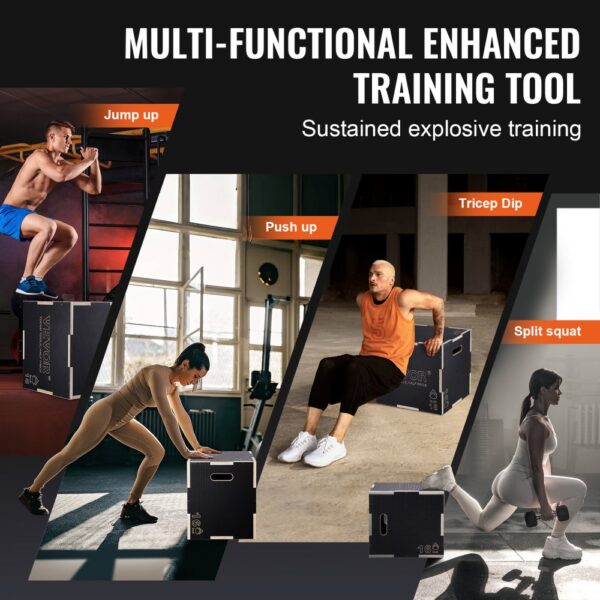 VEVOR 3-in-1-Plyometrische Sprungbox 20/18/16-Zoll-Plyobox, Sprungkasten Sprungkiste 204 kg Tragfähigkeit, Fitnessübungs-Step-Up-Box für Heimtraining, Sprungkrafttraining Schwarz Einstellbare Höhe – Bild 5