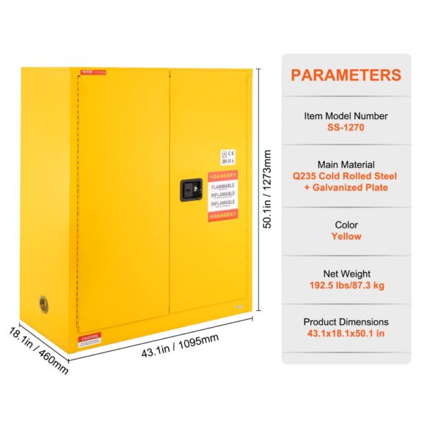 VEVOR Sicherheitsschrank für brennbare Flüssigkeiten, 128,7 L, Lagerschrank für brennbare Flüssigkeiten aus Kaltgewalztem Stahl, 1095 x 460 x 1273mm, Schrank mit einem verstellbaren Regal – Bild 3