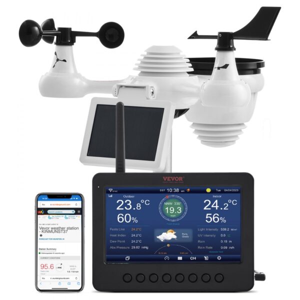 VEVOR 7-in-1 WLAN Wetterstation 186mm (7 in) TFT Display Kabelloser Außensensor IPX6