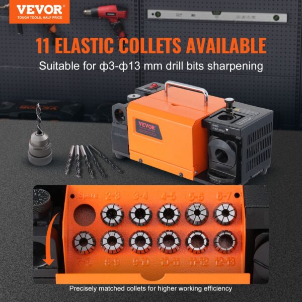 VEVOR MR-13A Bohrerschleifgerät 120 W Bohrerschleifmaschine 4500 U/min Schärfstation Stahl Bohrerschärfgerät 95-135° Einstellbarer Spitzenwinkel 11 Spannzangen Geeignet für Bohrerdurchmesser φ3–13 mm – Bild 2 VEVOR MR-13A Bohrerschleifgerät 120 W Bohrerschleifmaschine 4500 U/min Schärfstation Stahl Bohrerschärfgerät 95-135° Einstellbarer Spitzenwinkel 11 Spannzangen Geeignet für Bohrerdurchmesser φ3–13 mm – Bild 2