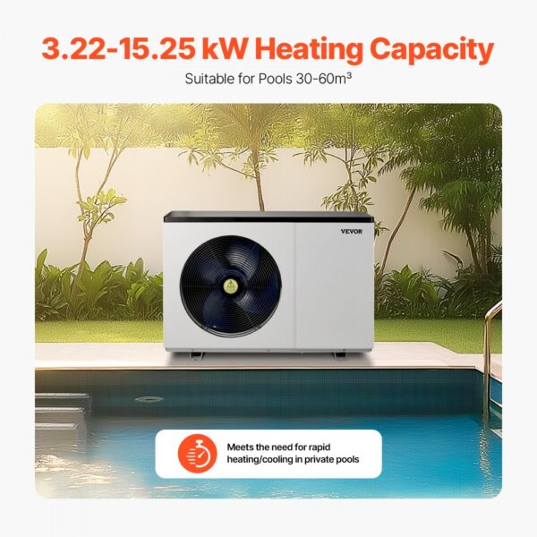 VEVOR Elektrische Pool-Wärmepumpe, 3,22–15,25kW Heizleistung, energiesparende Poolheizungen mit variabler Frequenz für 30–60m³ Aufstellpools, Heiz- und Kühlpool-Warmwasserbereiter AC 220–240V, 50Hz – Bild 2