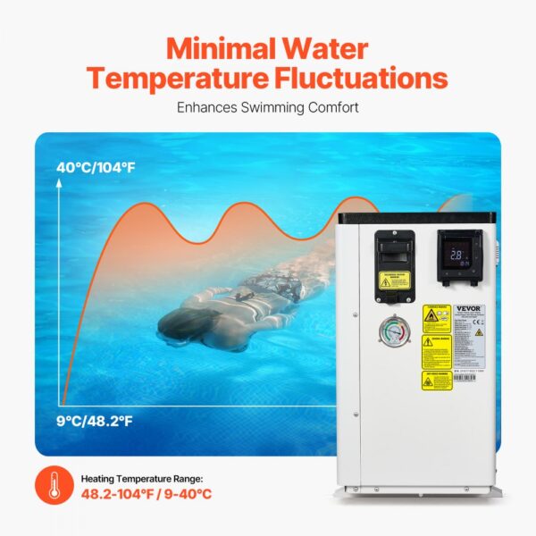 VEVOR Elektrische Pool-Wärmepumpe, 3,22–15,25kW Heizleistung, energiesparende Poolheizungen mit variabler Frequenz für 30–60m³ Aufstellpools, Heiz- und Kühlpool-Warmwasserbereiter AC 220–240V, 50Hz – Bild 3