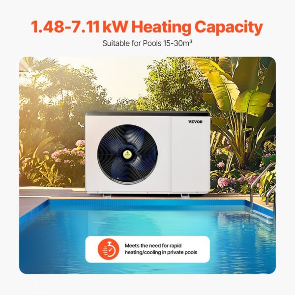 VEVOR Elektrische Pool-Wärmepumpe, 1,48–7,11 kW Heizleistung, energiesparende Poolheizungen mit variabler Frequenz für 15–30 m³ Aufstellpools, Heiz- und Kühlpool-Warmwasserbereiter – Bild 2