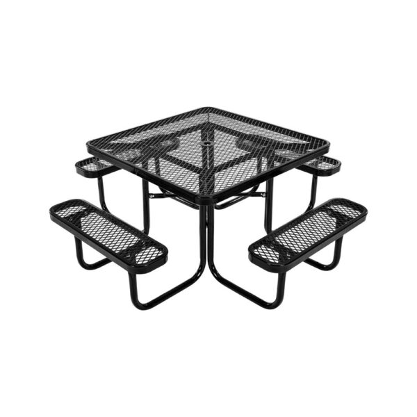 VEVOR Picknicktisch (quadratisch) mit 4 Bänken Sitzgarnitur, wetterfestes Gartenmöbel-Set für Terrasse, beschichtete Stahltische mit Loch für Schirm, Gartengarnitur für Hinterhof Veranda (schwarz)