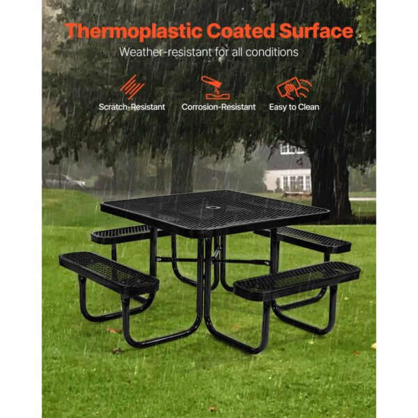 VEVOR Picknicktisch (quadratisch) mit 4 Bänken Sitzgarnitur, wetterfestes Gartenmöbel-Set für Terrasse, beschichtete Stahltische mit Loch für Schirm, Gartengarnitur für Hinterhof Veranda (schwarz) – Bild 5