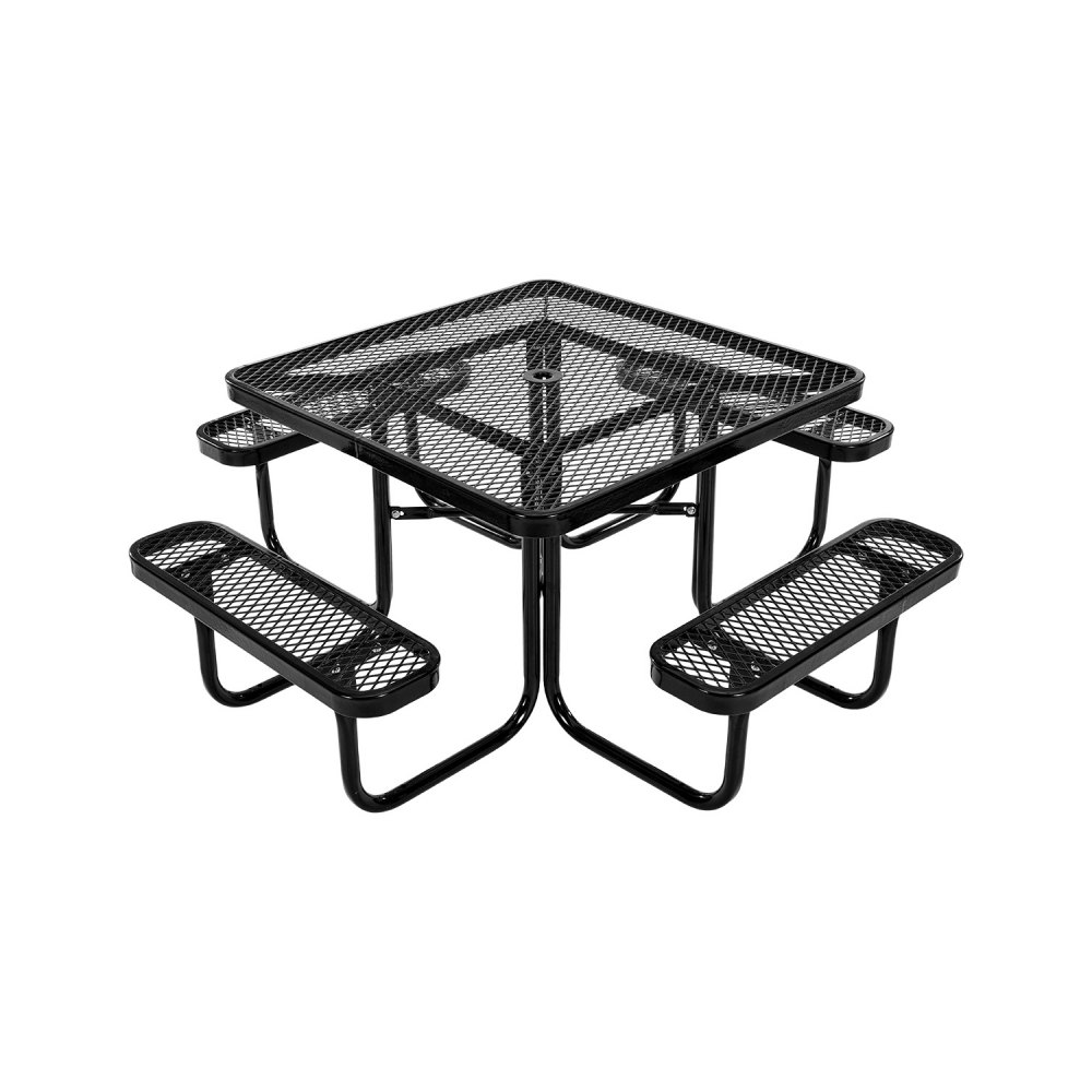 VEVOR Picknicktisch (quadratisch) mit 4 Bänken Sitzgarnitur, wetterfestes Gartenmöbel-Set für Terrasse, beschichtete Stahltische mit Loch für Schirm, Gartengarnitur für Hinterhof Veranda (schwarz)