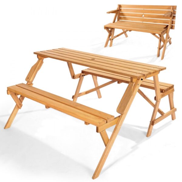 VEVOR 2 in 1 umwandelbarer & austauschbarer Picknicktisch, Outdoor-Tisch- und Bank-Set aus Holz, tragbare, faltbare Bank mit Loch für Schirm, Essmöbel für Garten, Hinterhof, Veranda (braun)