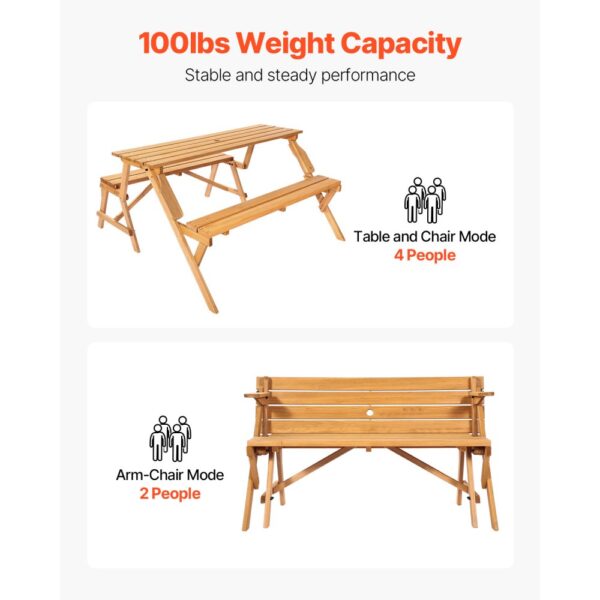 VEVOR 2 in 1 umwandelbarer & austauschbarer Picknicktisch, Outdoor-Tisch- und Bank-Set aus Holz, tragbare, faltbare Bank mit Loch für Schirm, Essmöbel für Garten, Hinterhof, Veranda (braun) – Bild 3