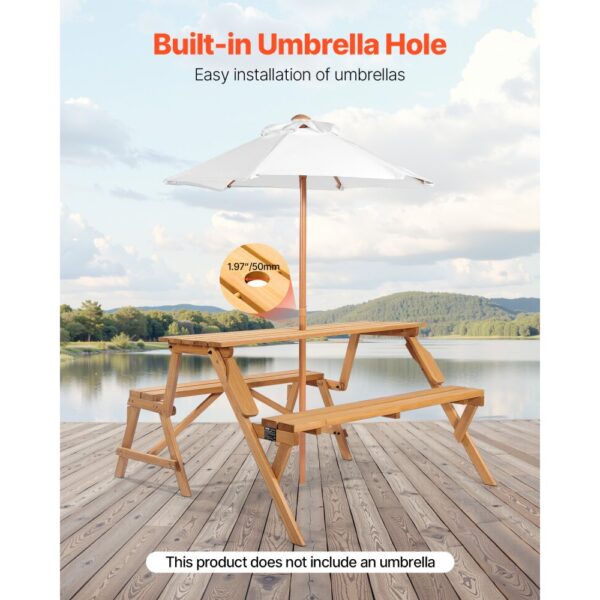 VEVOR 2 in 1 umwandelbarer & austauschbarer Picknicktisch, Outdoor-Tisch- und Bank-Set aus Holz, tragbare, faltbare Bank mit Loch für Schirm, Essmöbel für Garten, Hinterhof, Veranda (braun) – Bild 4