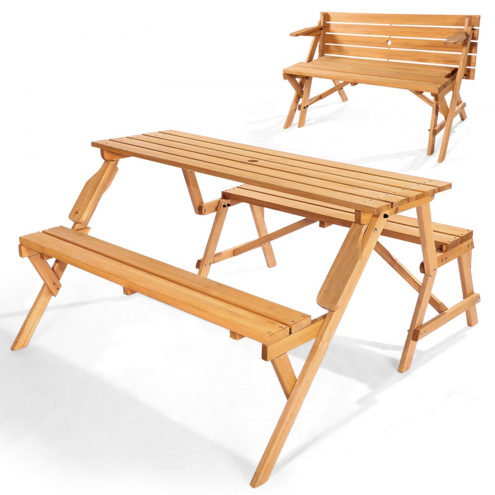 VEVOR 2 in 1 umwandelbarer & austauschbarer Picknicktisch, Outdoor-Tisch- und Bank-Set aus Holz, tragbare, faltbare Bank mit Loch für Schirm, Essmöbel für Garten, Hinterhof, Veranda (braun)