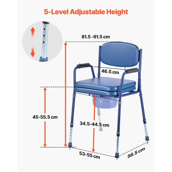 VEVOR Nachttoilettenstuhl 181 kg belastbar, Toilettensitzerhöhung mit gepolsterter Sitzfläche & Rückenlehne, abnehmbarer 5 L Eimer, höhenverstellbarer Toilettenstuhl (815-915 mm) für Erwachsene – Bild 3