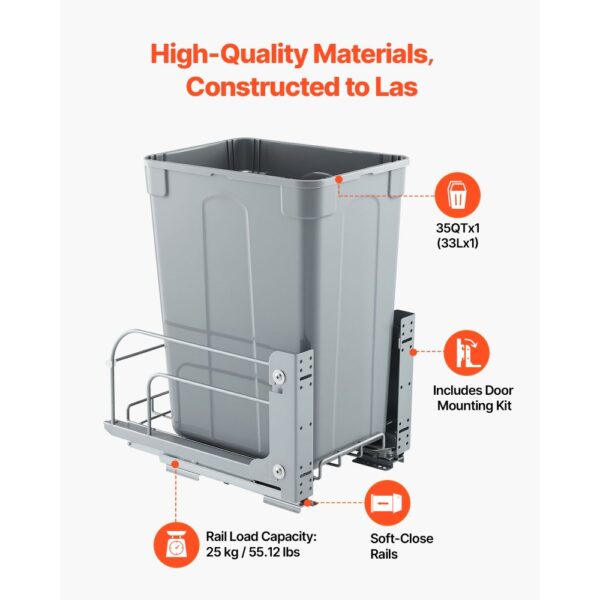 VEVOR ausziehbarer Mülleimer (35 Qt) für Küchenschränke, Unterbau-Abfallbehälter (30 kg belastbar) mit robustem Soft-Close-Schiebesystem aus Metall und Türsatz, für Spüle Unterbau – Bild 3