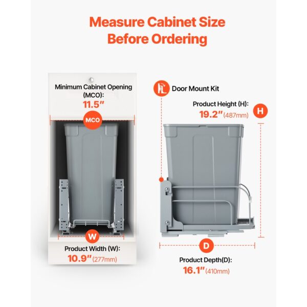 VEVOR ausziehbarer Mülleimer (35 Qt) für Küchenschränke, Unterbau-Abfallbehälter (30 kg belastbar) mit robustem Soft-Close-Schiebesystem aus Metall und Türsatz, für Spüle Unterbau – Bild 4