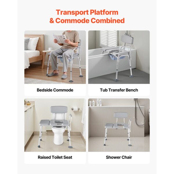 VEVOR Nachttoilettenstuhl 227 kg belastbar, Toilettensitzerhöhung mit gepolsterter Sitzfläche & Rückenlehne, abnehmbarer 5 L Eimer, höhenverstellbarer Toilettenstuhl für Senior Erwachsene – Bild 2