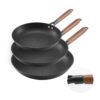 VEVOR Gusseisenpfanne Bratpfannen-Set (205 / 265 / 310 mm), Hochleistungs-Bratpfannen mit abnehmbarem Holzgriff, Kochpfanne, Küchenkochgeschirr, geeignet für Gas Elektro Schwarz