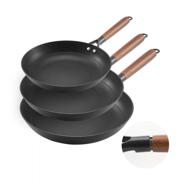 VEVOR Gusseisenpfanne Bratpfannen-Set (205 / 265 / 310 mm), Hochleistungs-Bratpfannen mit abnehmbarem Holzgriff, Kochpfanne, Küchenkochgeschirr, geeignet für Gas Elektro Schwarz