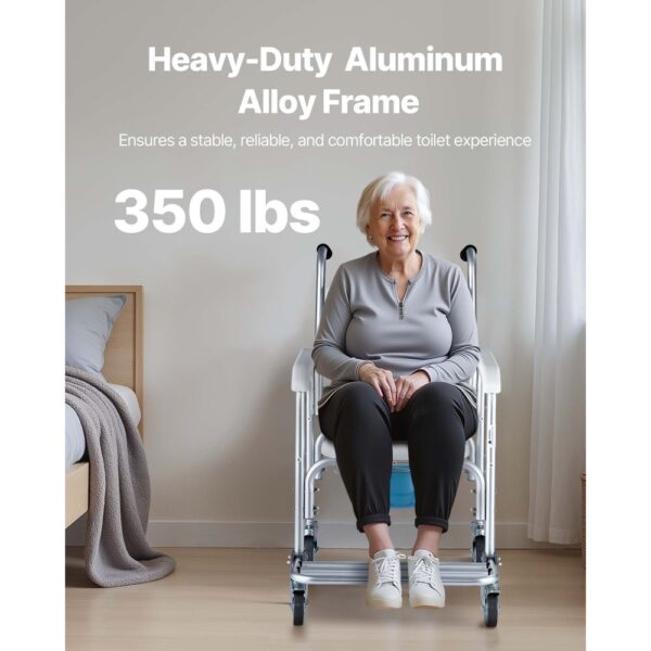 VEVOR Nachttoilettenstuhl 159 kg belastbar, rollbare Toilettensitzerhöhung mit gepolsterter Sitzfläche/Rückenlehne/hochklappbarer Fußstütze, abnehmbarer 5 L Eimer, Duschrollstuhl für Senioren – Bild 5