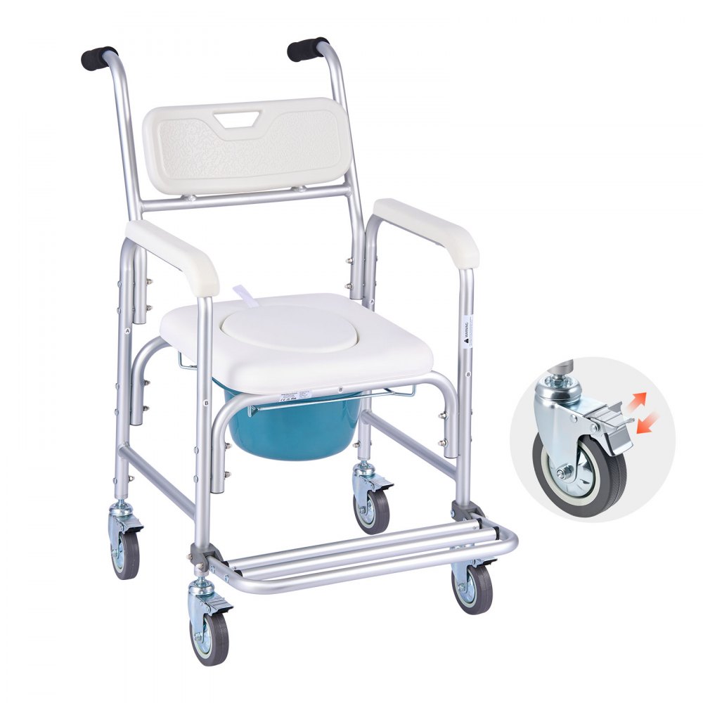 VEVOR Nachttoilettenstuhl 159 kg belastbar, rollbare Toilettensitzerhöhung mit gepolsterter Sitzfläche/Rückenlehne/hochklappbarer Fußstütze, abnehmbarer 5 L Eimer, Duschrollstuhl für Senioren