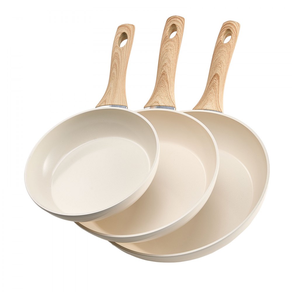 VEVOR Bratpfannen Set 3-tlg. (200 / 240 / 280 mm), Hochleistungs-Bratpfannen aus Aluminium (Antihaftbeschichtet), Kochpfanne Küchenkochgeschirr geeignet für Gas Elektro Induktion Beige