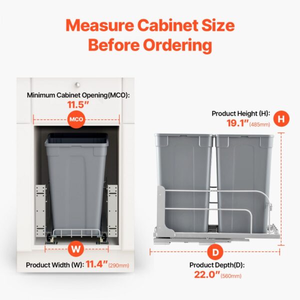 VEVOR ausziehbarer Mülleimer (27 Qt x 2), doppelter Unterbau-Küchenabfallbehälter, Mülleimer mit Türsatz & Soft-Close-Schieberegler, für Küchenschrank Spüle unter der Theke (grau) – Bild 4