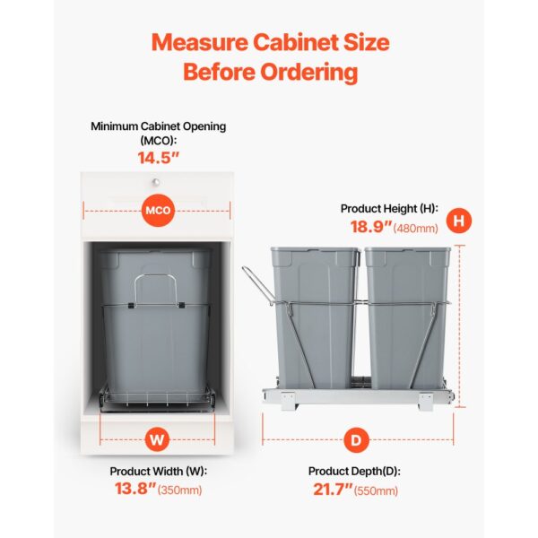 VEVOR ausziehbarer Mülleimer (35 Qt + 35 Qt) für Küchenschränke, doppelter Mülleimer unter der Spüle, Müllbehälter für unter die Spüle, mit robustem Vollauszug-Schiebesystem aus Metall & Griff – Bild 4