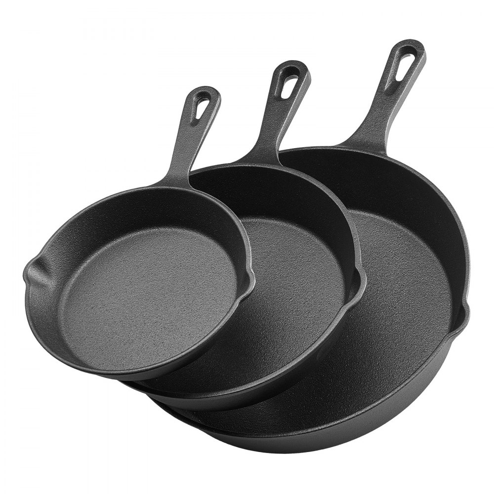 VEVOR Gusseisenpfanne Bratpfannen-Set (160 / 220 / 265 mm), Hochleistungs-Bratpfannen mit hitzebeständigem Griff, Kochpfanne, Küchenkochgeschirr, geeignet für Backofen Gas Elektro Schwarz
