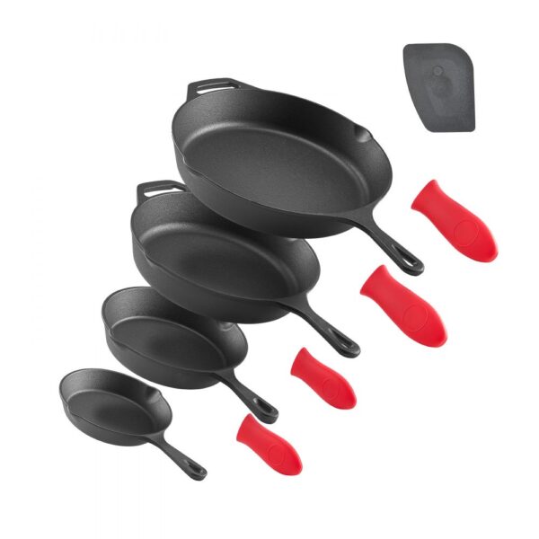VEVOR Gusseisenpfanne Bratpfannen-Set (150 / 205 / 260 / 305 mm), Hochleistungs-Bratpfannen mit hitzebeständigem Griff, Kochpfanne, Küchenkochgeschirr, geeignet für Backofen Gas Elektro Schwarz