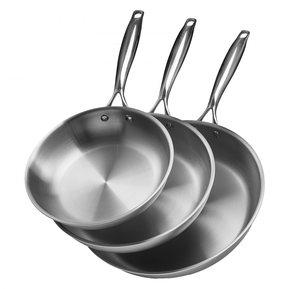 VEVOR Bratpfannen Set 3-tlg. (24 / 28 / 32 cm), Hochleistungs-Bratpfannen aus Edelstahl mit hitzebeständigem Griff, Kochpfanne Küchenkochgeschirr geeignet für Gas Elektro Induktion Silber