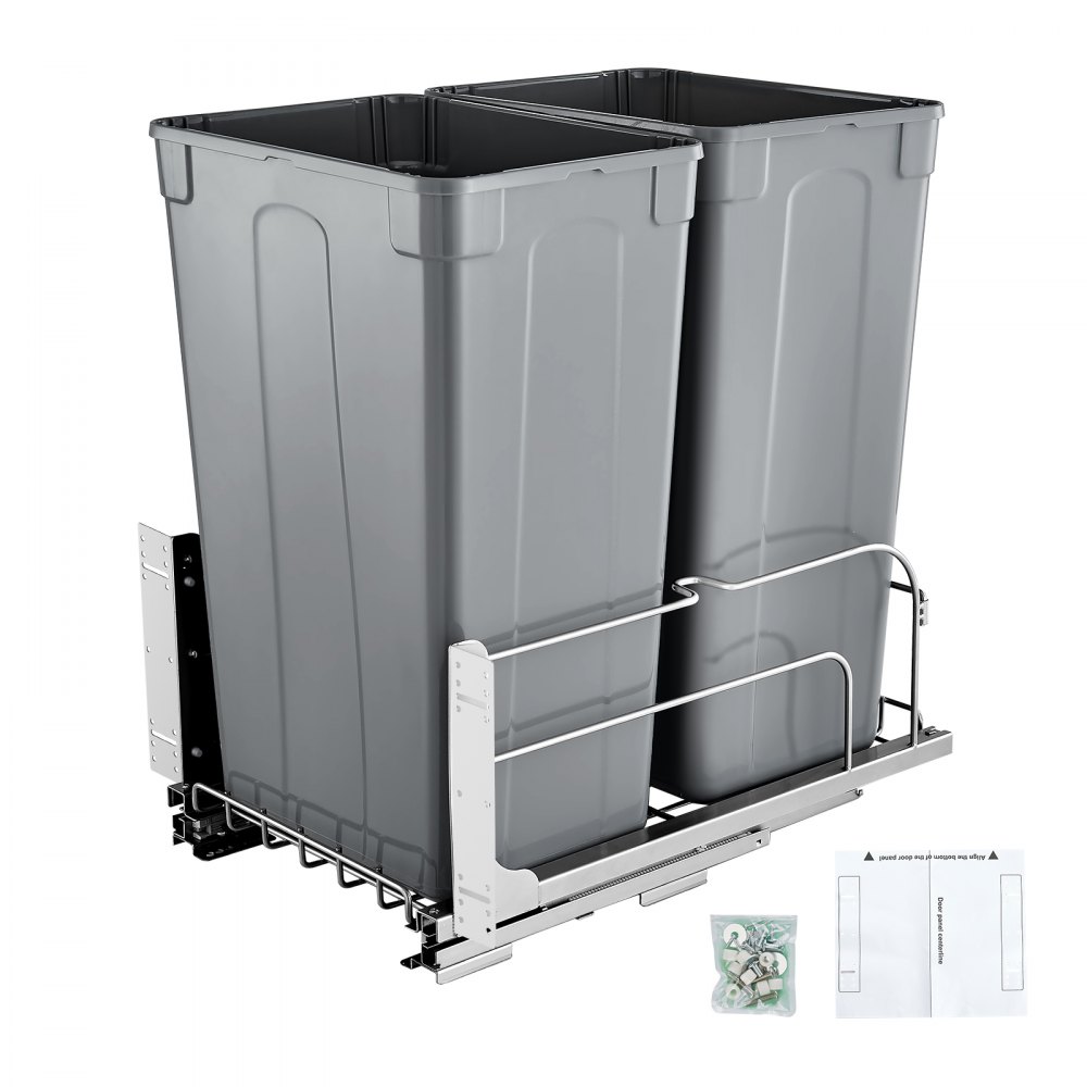 VEVOR ausziehbarer Abfallbehälter (50 Qt x2), doppelter Unterbau-Küchenabfallbehälter, Mülleimer mit Türsatz & Soft-Close-Schieberegler, für Küchenschrank Spüle unter der Theke (grau)