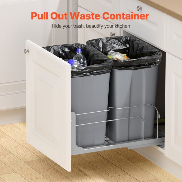 VEVOR ausziehbarer Abfallbehälter (35 Qt x2), doppelter Unterbau-Küchenabfallbehälter, Mülleimer mit Türsatz & Soft-Close-Schieberegler, für Küchenschrank Spüle unter der Theke (grau) – Bild 2