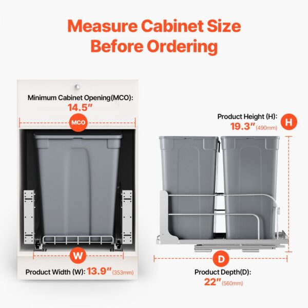 VEVOR ausziehbarer Abfallbehälter (35 Qt x2), doppelter Unterbau-Küchenabfallbehälter, Mülleimer mit Türsatz & Soft-Close-Schieberegler, für Küchenschrank Spüle unter der Theke (grau) – Bild 4
