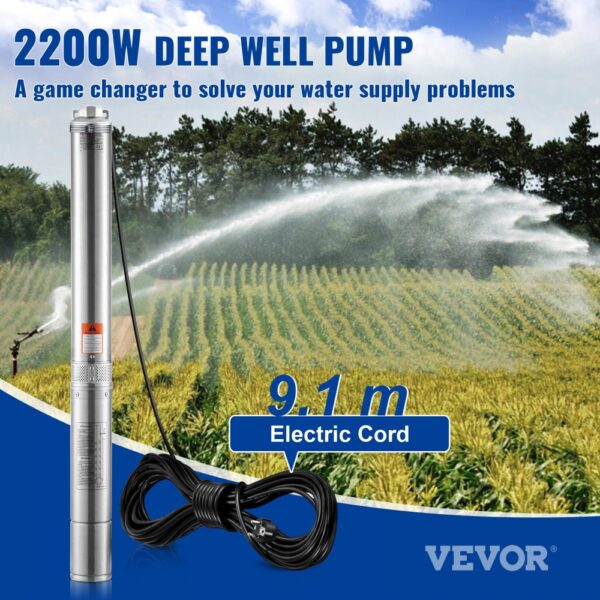 VEVOR Tiefbrunnen-Tauchpumpe, 3 PS/2200 W, 230 V/50 Hz, 9,8 m³/h Durchfluss, 144 m Förderhöhe, mit 9,1 m Stromkabel, Edelstahl-Wasserpumpen für Industrie, Bewässerung und Heimgebrauch, IP68-Wasserschutzklasse – Bild 2