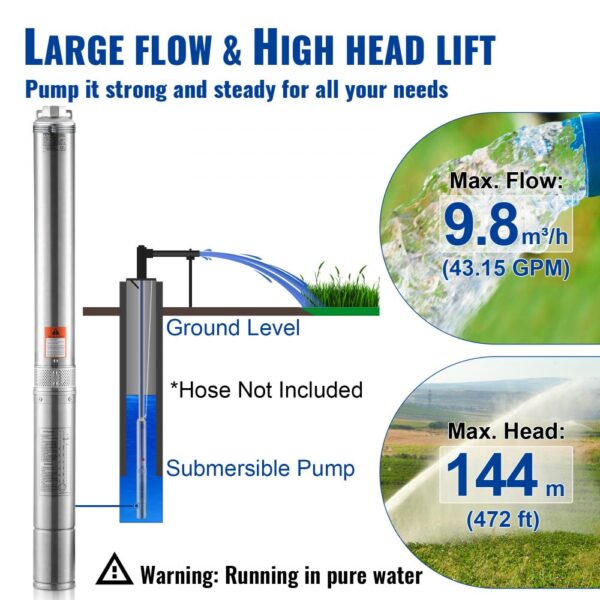VEVOR Tiefbrunnen-Tauchpumpe, 3 PS/2200 W, 230 V/50 Hz, 9,8 m³/h Durchfluss, 144 m Förderhöhe, mit 9,1 m Stromkabel, Edelstahl-Wasserpumpen für Industrie, Bewässerung und Heimgebrauch, IP68-Wasserschutzklasse – Bild 3