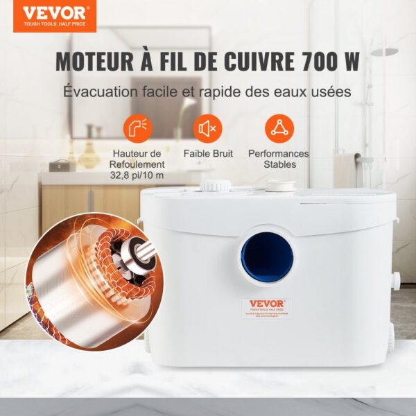 VEVOR Hebeanlage, 700 W, 9600 l/h Durchfluss, 10 m Förderhöhe, Zerkleinerer-Abwasserpumpe mit 3 Wassereinlässen für Toilette, Keller, Küche, Waschbecken, Badewanne, Abwasserentsorgung, Aufspülmaschine – Bild 2 VEVOR Hebeanlage, 700 W, 9600 l/h Durchfluss, 10 m Förderhöhe, Zerkleinerer-Abwasserpumpe mit 3 Wassereinlässen für Toilette, Keller, Küche, Waschbecken, Badewanne, Abwasserentsorgung, Aufspülmaschine – Bild 2