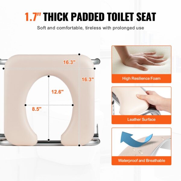 VEVOR Toilettenstuhl, Nachtstuhl mit Gepolstertem Sitz, Herunterklappbaren Armlehnen, 7-stufig Höhenverstellbar 490-640 mm, Abnehmbarer Eimer, 158,8 kg Belastbar, Tragbare Toilette für Erwachsene – Bild 5